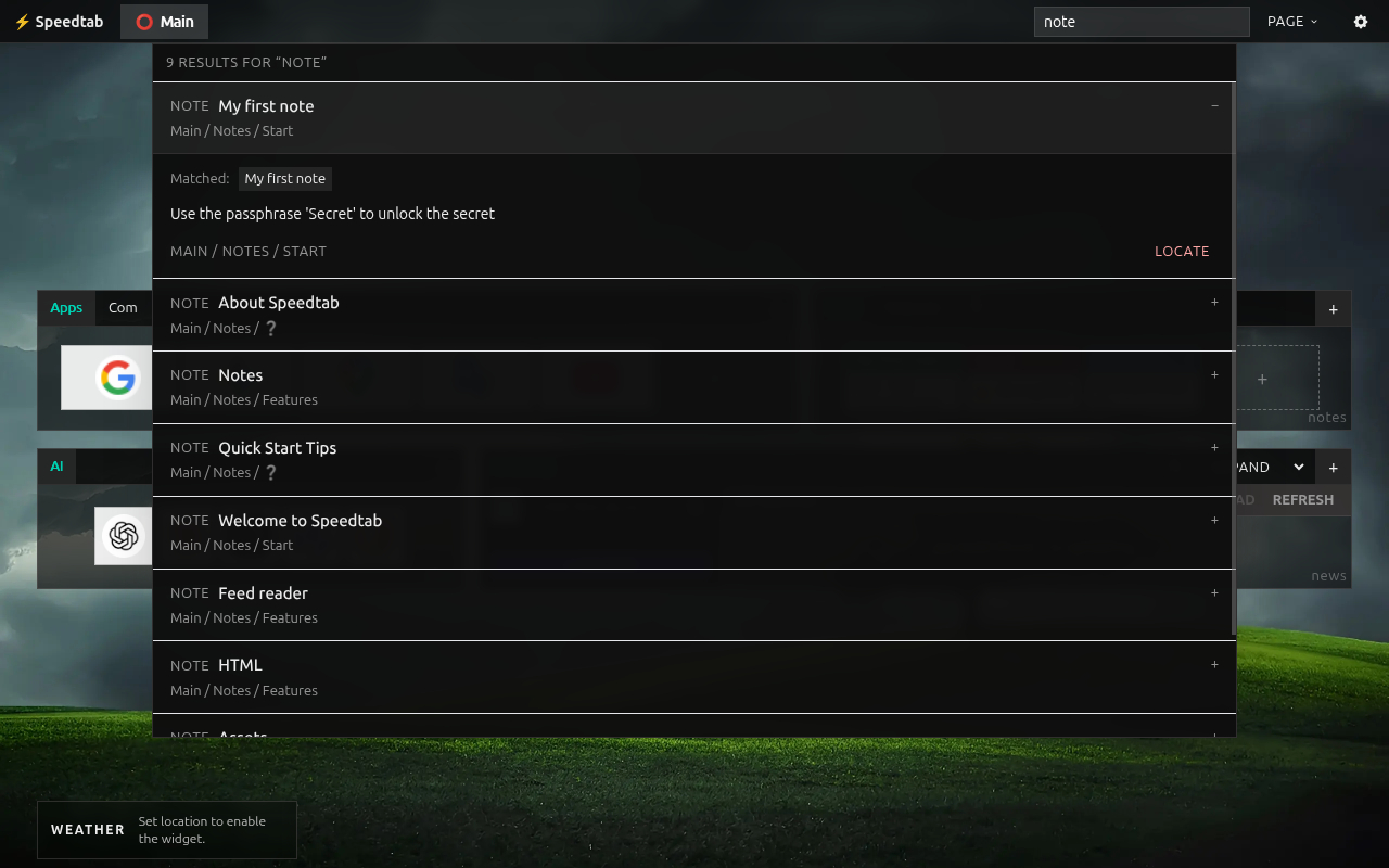 Speedtab with search results